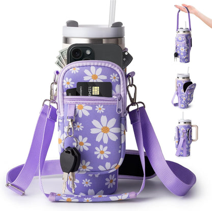 linmaya Water Bottle Carrier Bag,Water Bottle Holder with Straps Phone Pockets Fits Stanley Cup 40oz Tumbler (Purple Daisy-40oz)