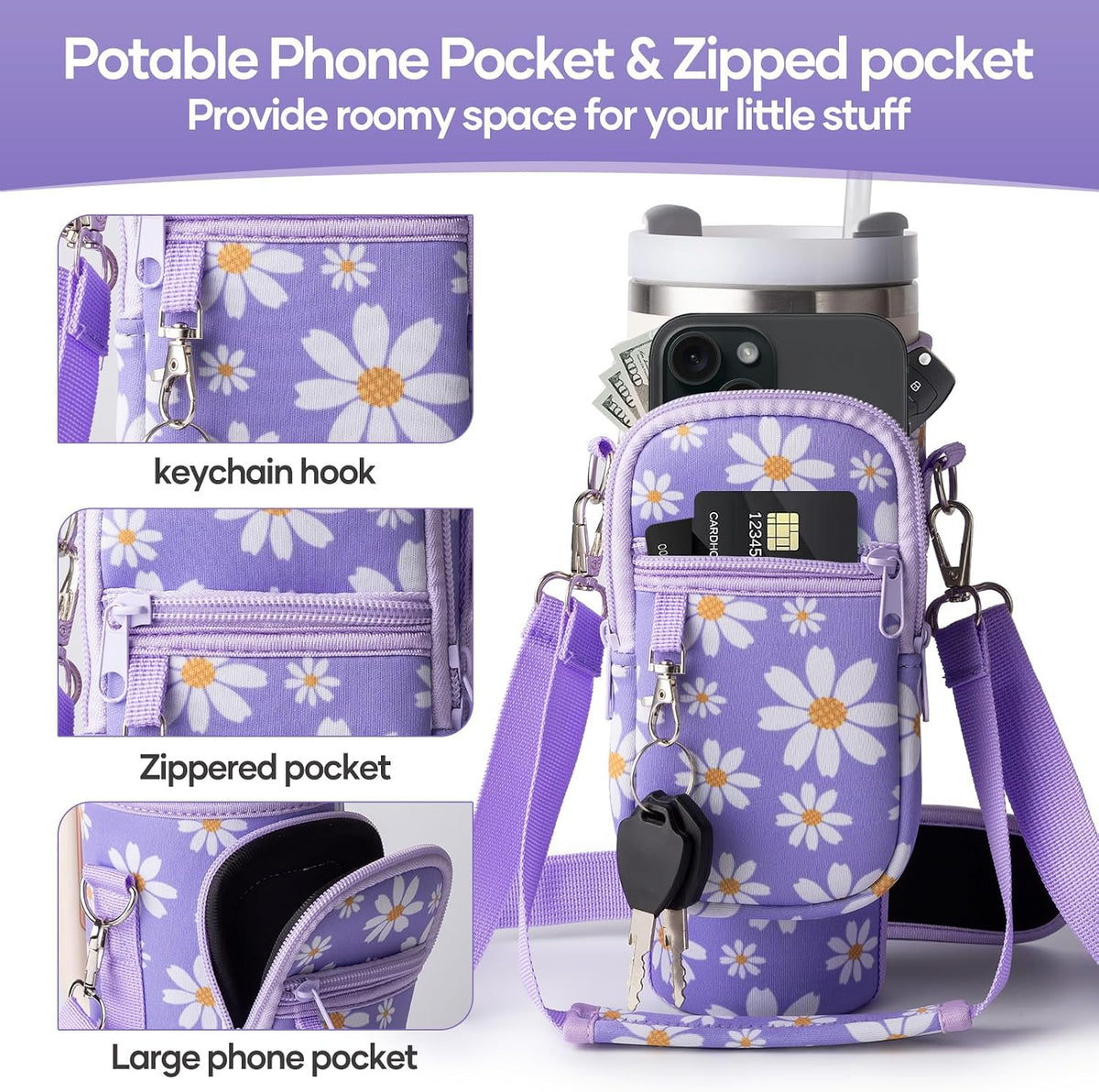 linmaya Water Bottle Carrier Bag,Water Bottle Holder with Straps Phone Pockets Fits Stanley Cup 40oz Tumbler (Purple Daisy-40oz)