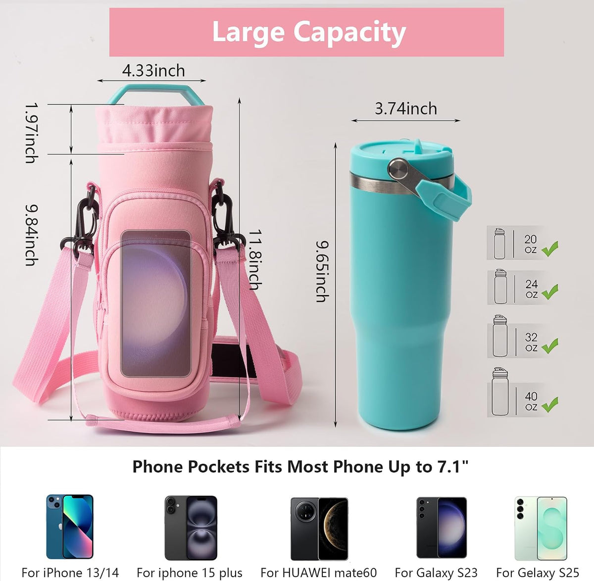 linmaya Water Bottle Carrier Bag,Water Bottle Holder with Straps Phone Pockets Fits Stanley Cup 40oz Tumbler (Purple Daisy-40oz)