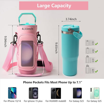 linmaya Water Bottle Carrier Bag,Water Bottle Holder with Straps Phone Pockets Fits Stanley Cup 40oz Tumbler (Purple Daisy-40oz)