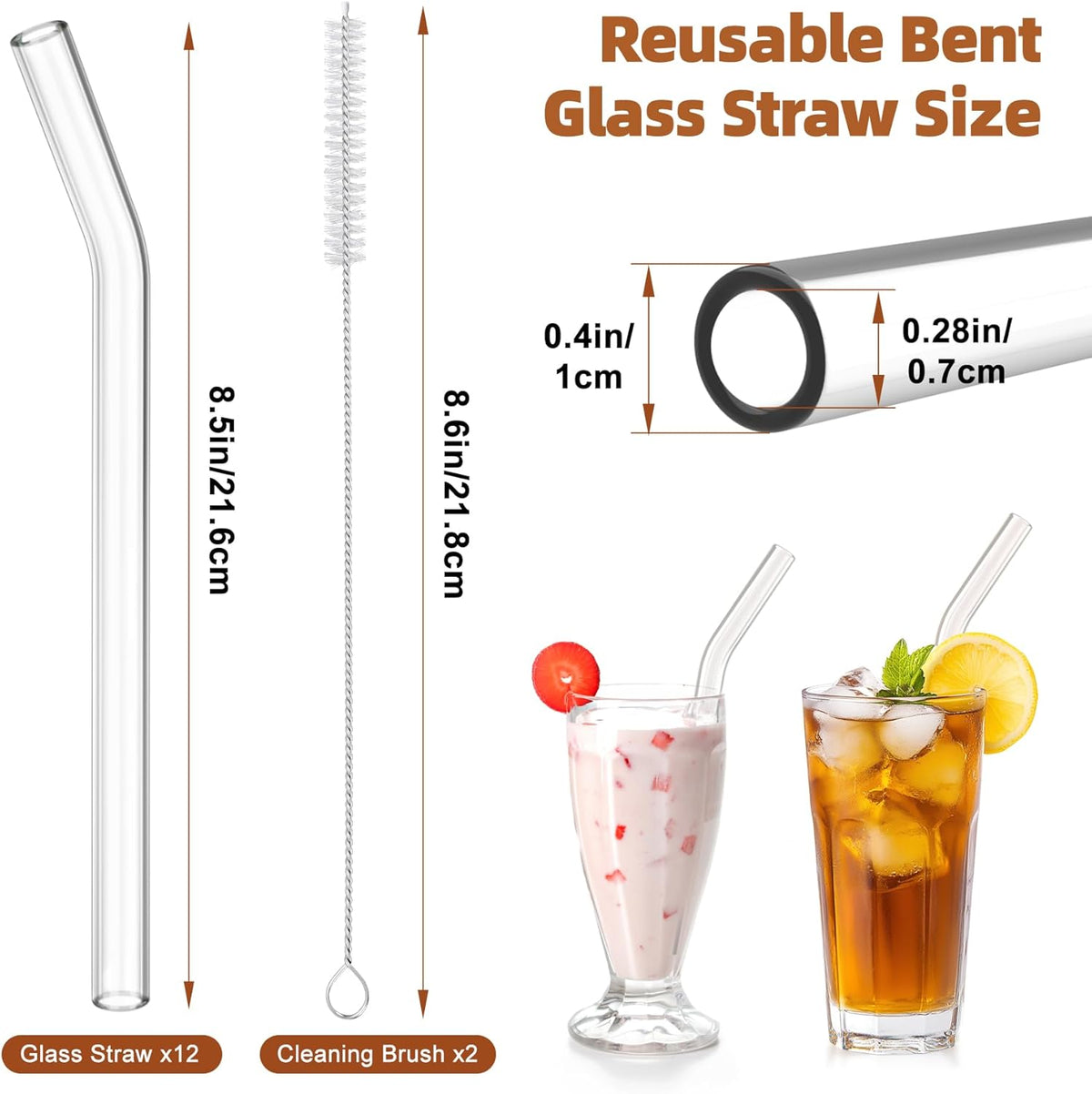 12 Pack Reusable Glass Straw, 8.5" x 10MM Bent Clear Glass Drinking Straws for Hot & Cold Drinks, 2 Cleaning Brushes Included