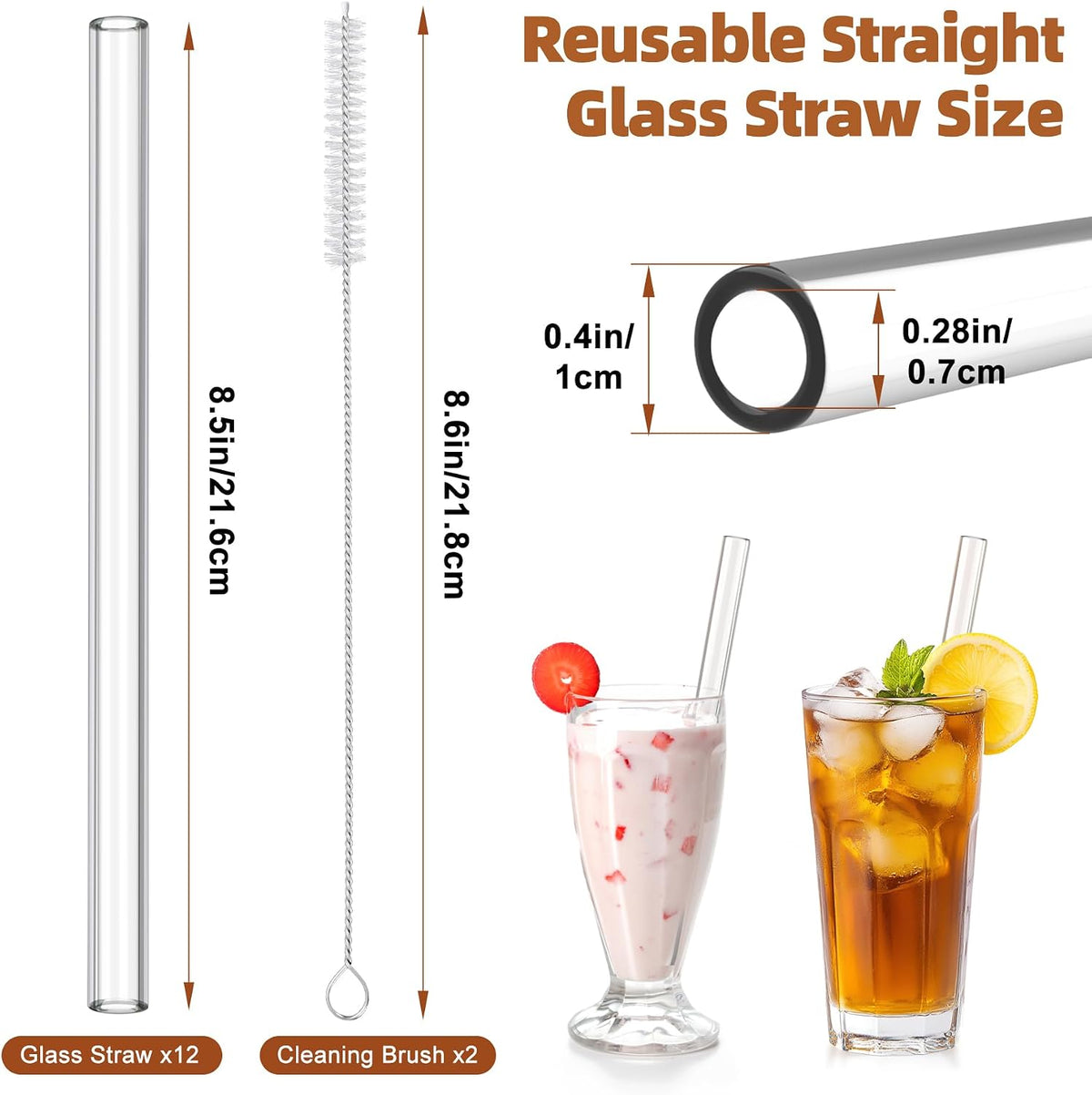 12 Pack Reusable Glass Straw, 8.5" x 10MM Bent Clear Glass Drinking Straws for Hot & Cold Drinks, 2 Cleaning Brushes Included