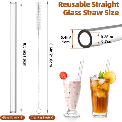 12 Pack Reusable Glass Straw, 8.5" x 10MM Bent Clear Glass Drinking Straws for Hot & Cold Drinks, 2 Cleaning Brushes Included