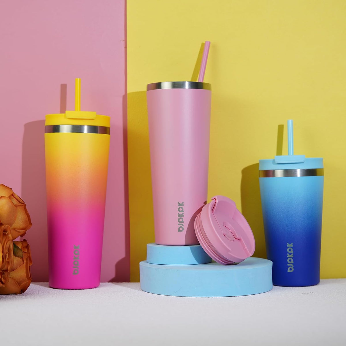 22 oz Coffee Tumbler with Straw, Insulated Stainless Steel Cup | Double Wall Vacuum, Leak Proof Lid, Keeps Hot/Cold/Iced, BPA Free, Cupholder Friendly, Travel, Yummy