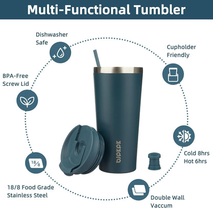 22 oz Coffee Tumbler with Straw, Insulated Stainless Steel Cup | Double Wall Vacuum, Leak Proof Lid, Keeps Hot/Cold/Iced, BPA Free, Cupholder Friendly, Travel, Yummy