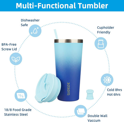 22 oz Coffee Tumbler with Straw, Insulated Stainless Steel Cup | Double Wall Vacuum, Leak Proof Lid, Keeps Hot/Cold/Iced, BPA Free, Cupholder Friendly, Travel, Yummy
