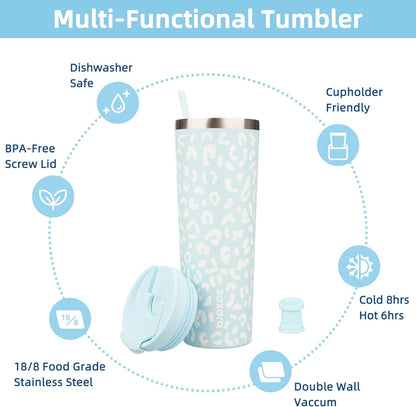 22 oz Coffee Tumbler with Straw, Insulated Stainless Steel Cup | Double Wall Vacuum, Leak Proof Lid, Keeps Hot/Cold/Iced, BPA Free, Cupholder Friendly, Travel, Yummy