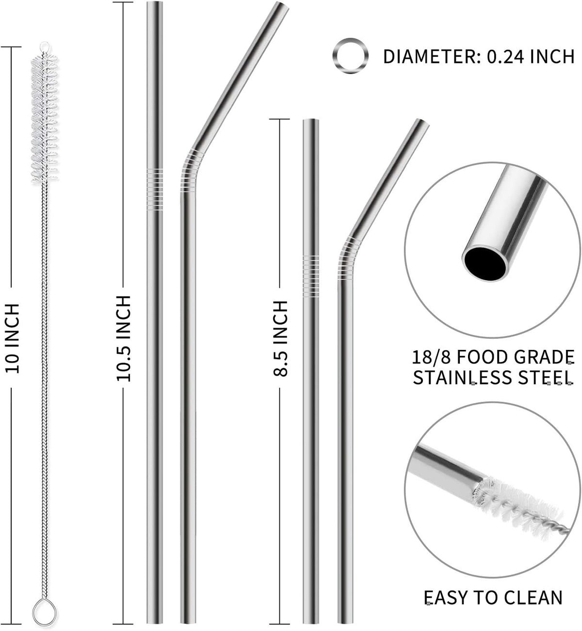 12-Pack Reusable Stainless Steel Metal Straws with Case - Long Drinking Straws for 30 oz and 20 oz Tumblers Dishwasher Safe - 2 Cleaning Brushes Included