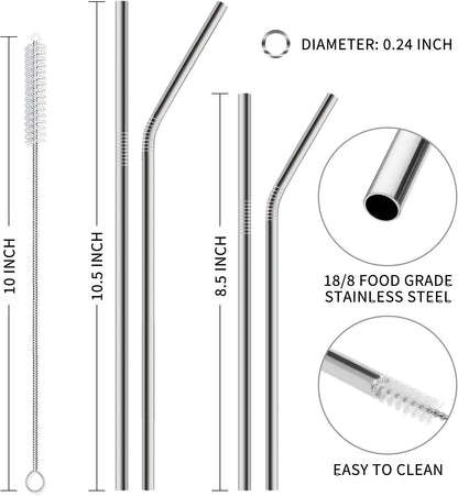12-Pack Reusable Stainless Steel Metal Straws with Case - Long Drinking Straws for 30 oz and 20 oz Tumblers Dishwasher Safe - 2 Cleaning Brushes Included