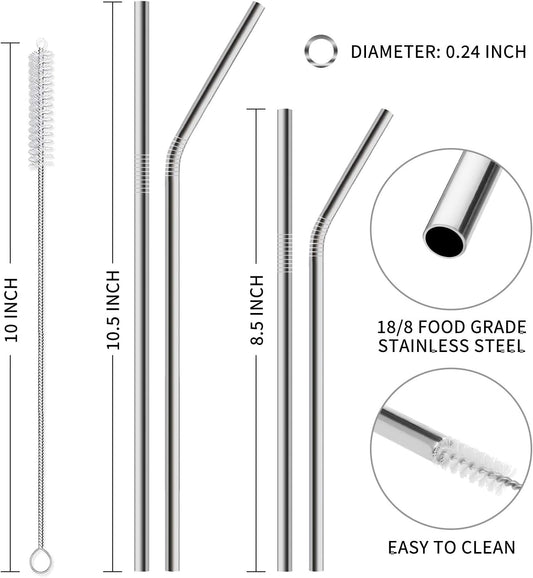 12-Pack Reusable Stainless Steel Metal Straws with Case - Long Drinking Straws for 30 oz and 20 oz Tumblers Dishwasher Safe - 2 Cleaning Brushes Included