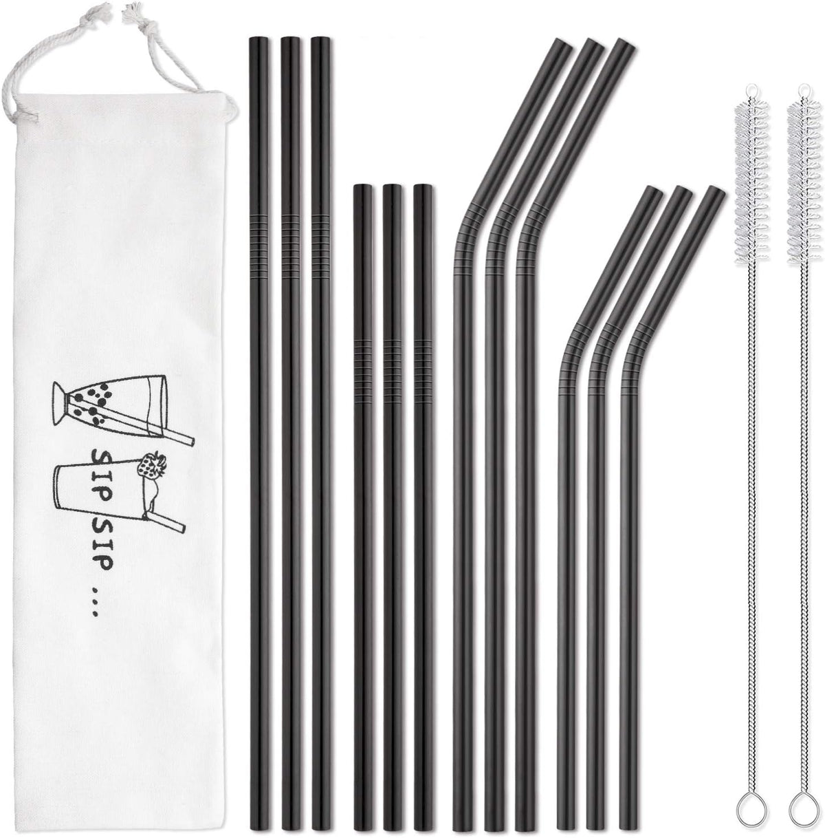 12-Pack Reusable Stainless Steel Metal Straws with Case - Long Drinking Straws for 30 oz and 20 oz Tumblers Dishwasher Safe - 2 Cleaning Brushes Included