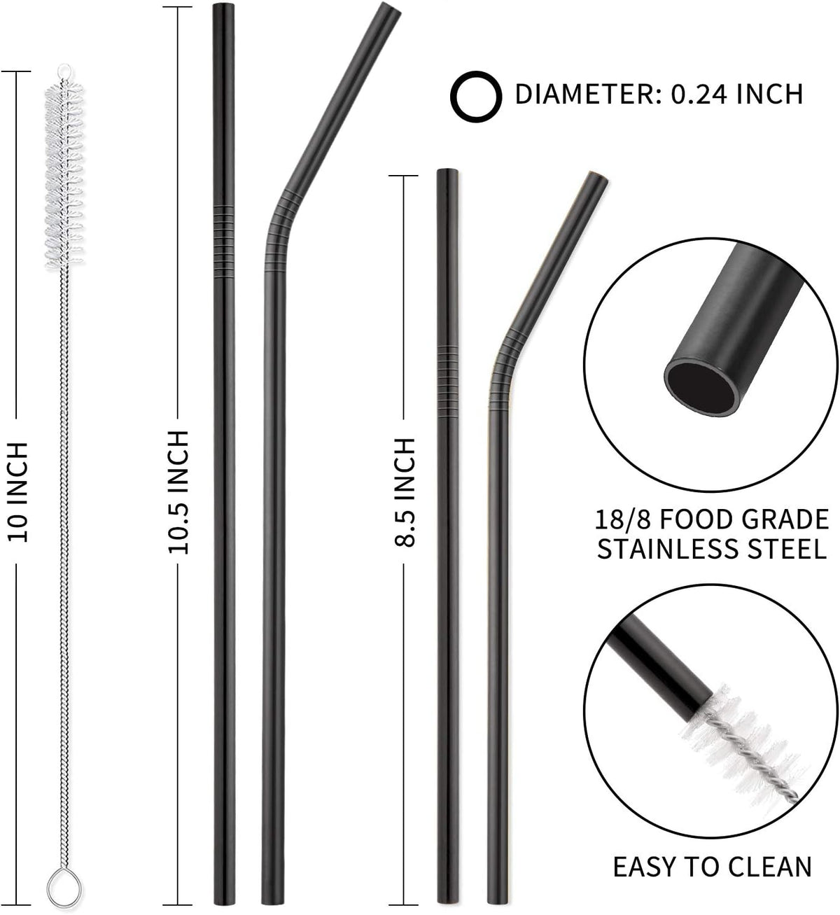 12-Pack Reusable Stainless Steel Metal Straws with Case - Long Drinking Straws for 30 oz and 20 oz Tumblers Dishwasher Safe - 2 Cleaning Brushes Included