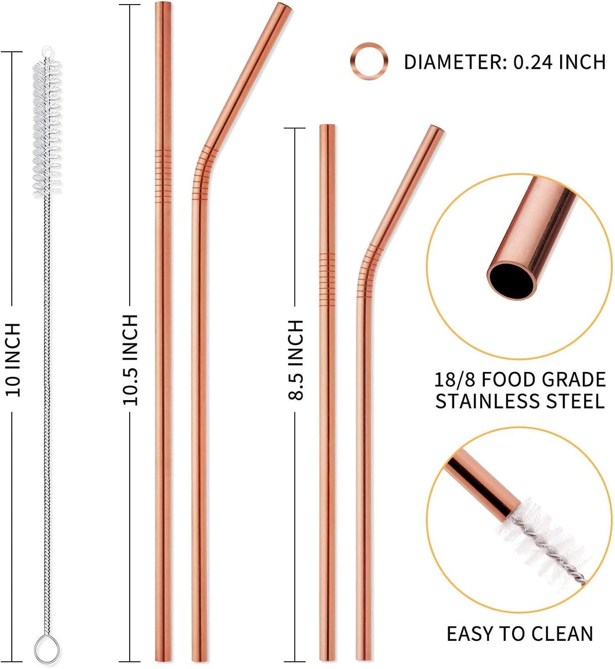 12-Pack Reusable Stainless Steel Metal Straws with Case - Long Drinking Straws for 30 oz and 20 oz Tumblers Dishwasher Safe - 2 Cleaning Brushes Included
