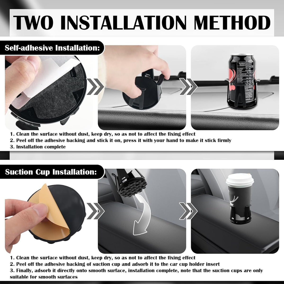 2PCS Car Cup Holder Inserts,2-in-1 Self-Adhesive & Suction Cup Car Cupholder Insert with Adaptive Clamping Arms,Universal Cups Holder Expander for Most Cars/Trucks/SUVs