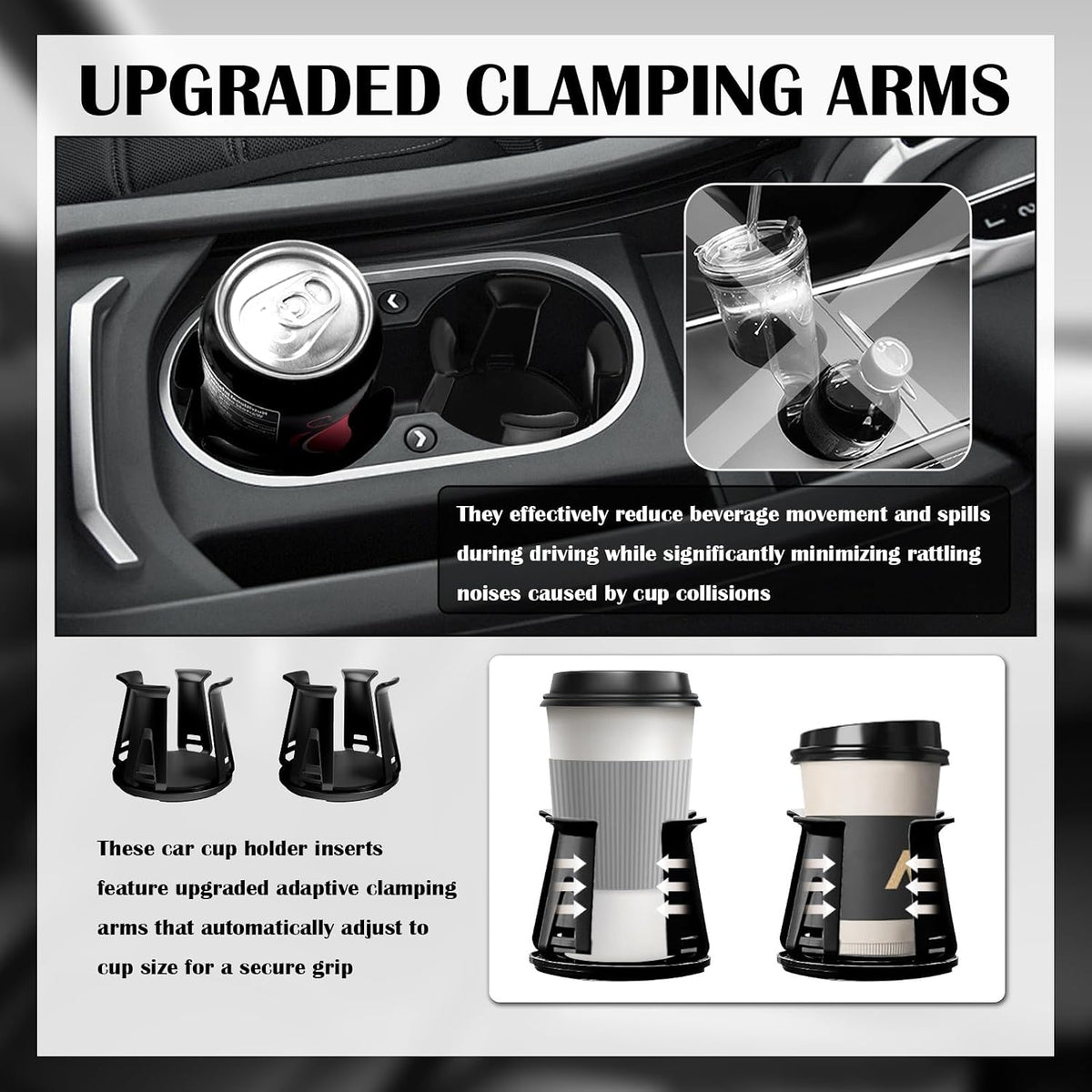 2PCS Car Cup Holder Inserts,2-in-1 Self-Adhesive & Suction Cup Car Cupholder Insert with Adaptive Clamping Arms,Universal Cups Holder Expander for Most Cars/Trucks/SUVs