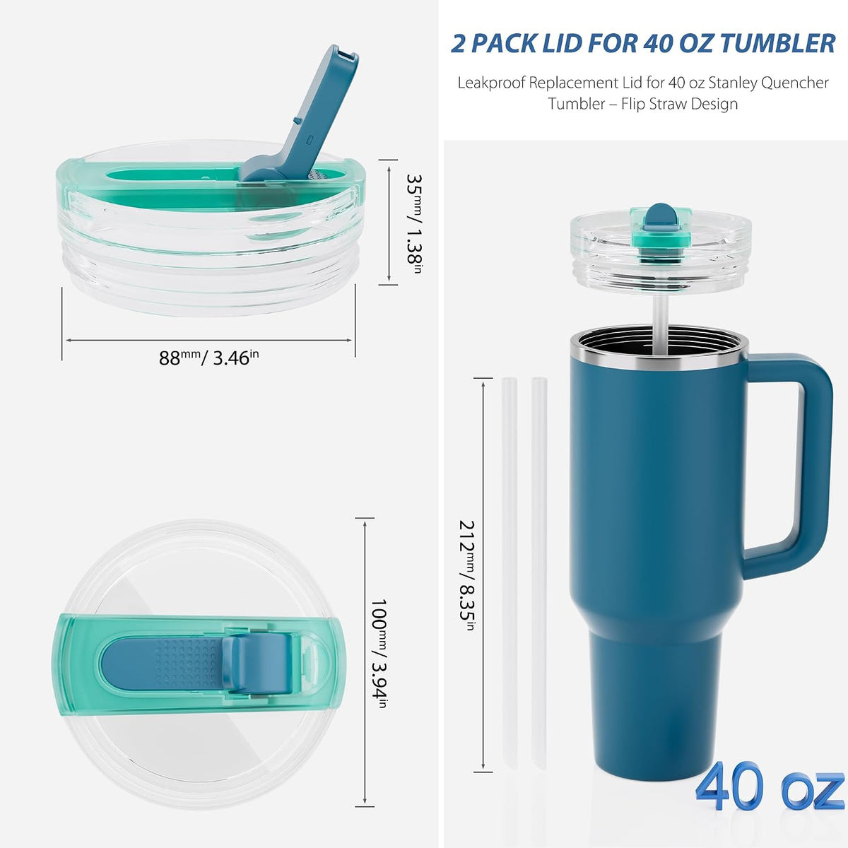 2 Pack 40 oz Flip Straw Lid Only for STANLEY ProTour Tumbler