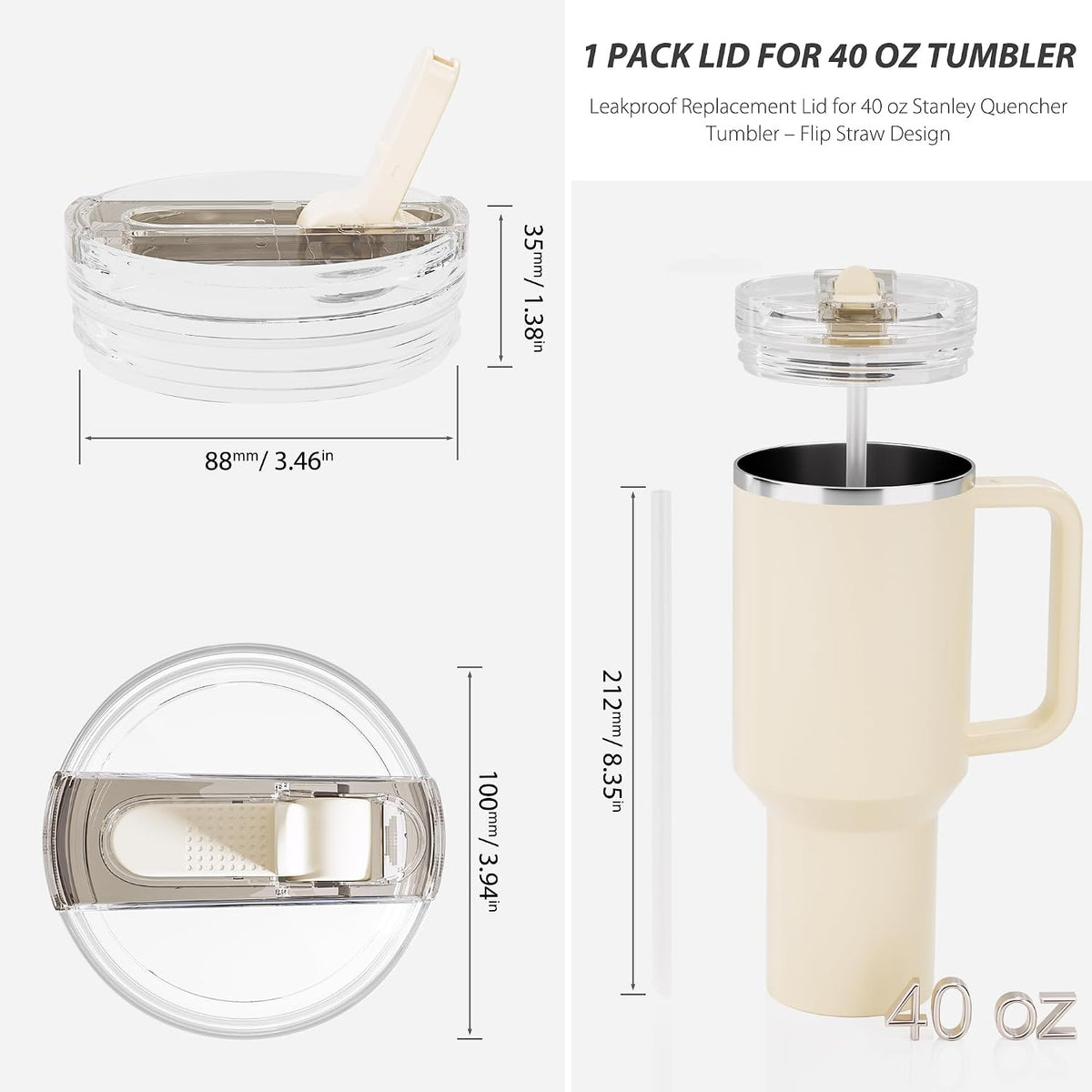 2 Pack 40 oz Flip Straw Lid Only for STANLEY ProTour Tumbler