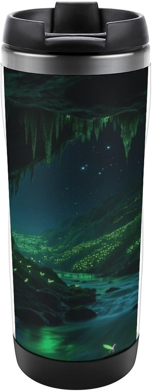 Travel Mug Sea Glowworm Cave Coffee Cup Reusable Insulated Tumbler with Lid Travel Coffee Mug Stainless Steel Insulated Coffee Tumbler for Coffee Tea And Drinks