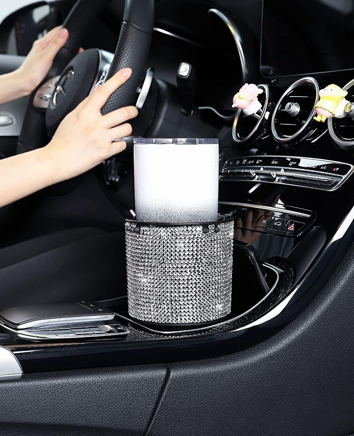 Upgraded Car Cup Holder Expander with Offset Base, Fit for YETI, Hydro Flask, Large Cup Holder Expander for Car Hold 18-40 oz Bottles and Mugs, Other Bottles in 3.4"-3.8"(Bling)