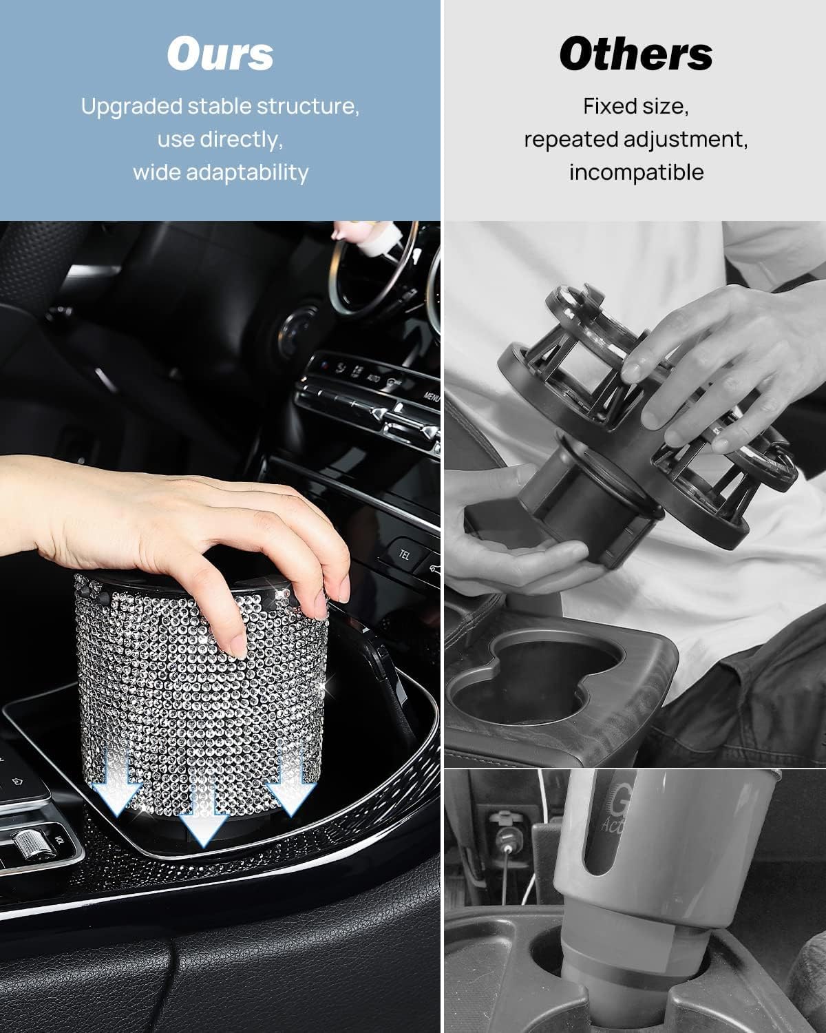 Upgraded Car Cup Holder Expander with Offset Base, Fit for YETI, Hydro Flask, Large Cup Holder Expander for Car Hold 18-40 oz Bottles and Mugs, Other Bottles in 3.4"-3.8"(Bling)