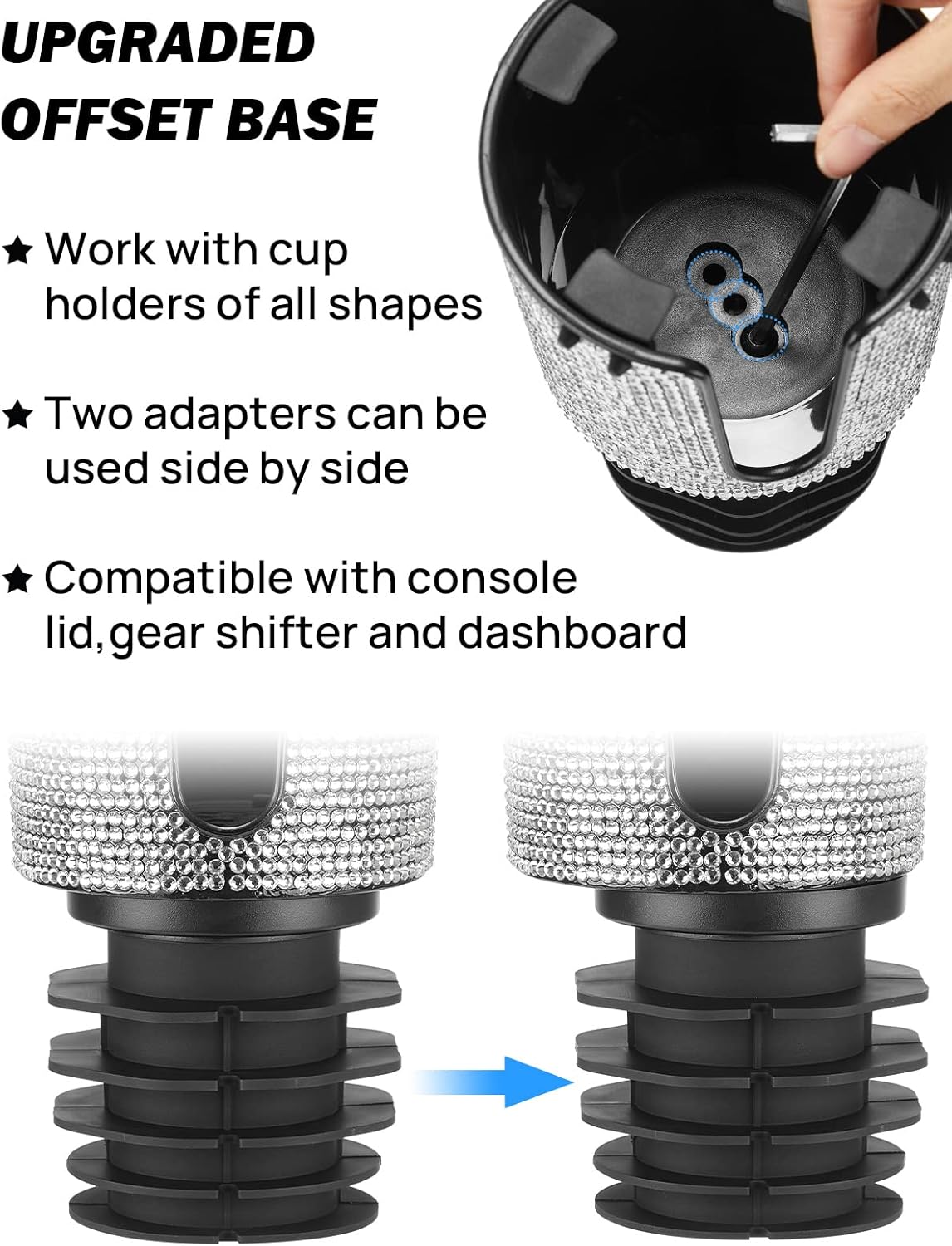 Upgraded Car Cup Holder Expander with Offset Base, Fit for YETI, Hydro Flask, Large Cup Holder Expander for Car Hold 18-40 oz Bottles and Mugs, Other Bottles in 3.4"-3.8"(Bling)