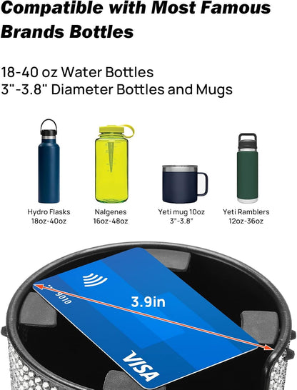 Upgraded Car Cup Holder Expander with Offset Base, Fit for YETI, Hydro Flask, Large Cup Holder Expander for Car Hold 18-40 oz Bottles and Mugs, Other Bottles in 3.4"-3.8"(Bling)