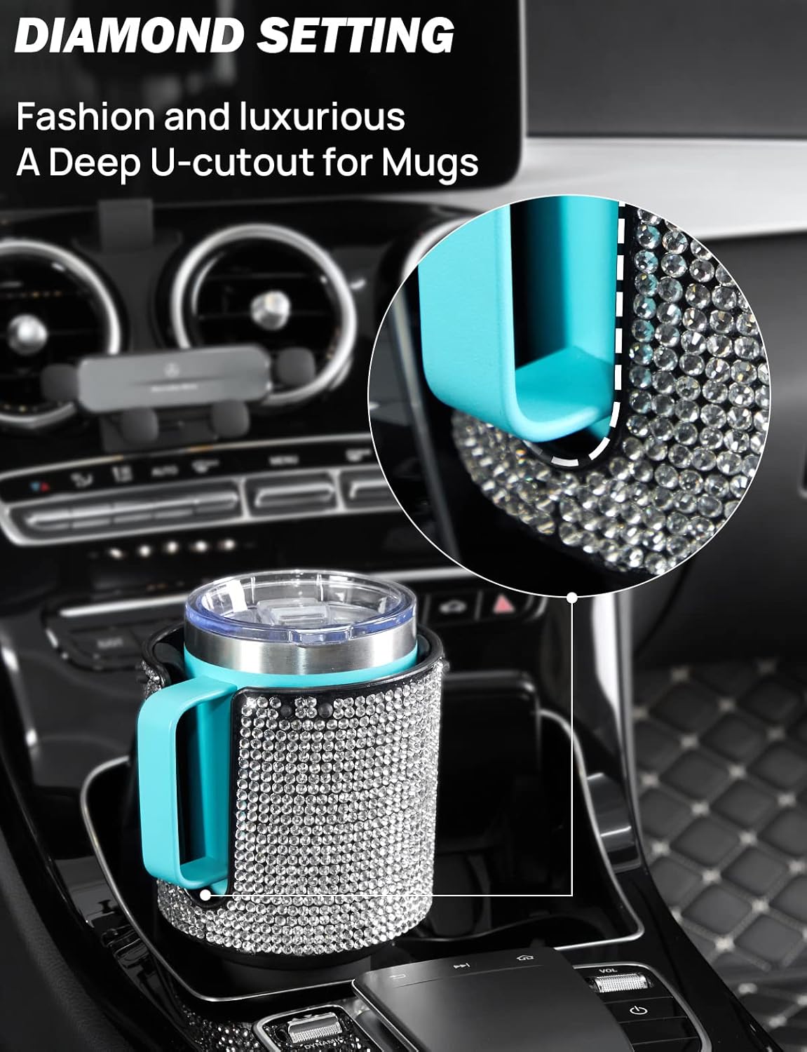 Upgraded Car Cup Holder Expander with Offset Base, Fit for YETI, Hydro Flask, Large Cup Holder Expander for Car Hold 18-40 oz Bottles and Mugs, Other Bottles in 3.4"-3.8"(Bling)