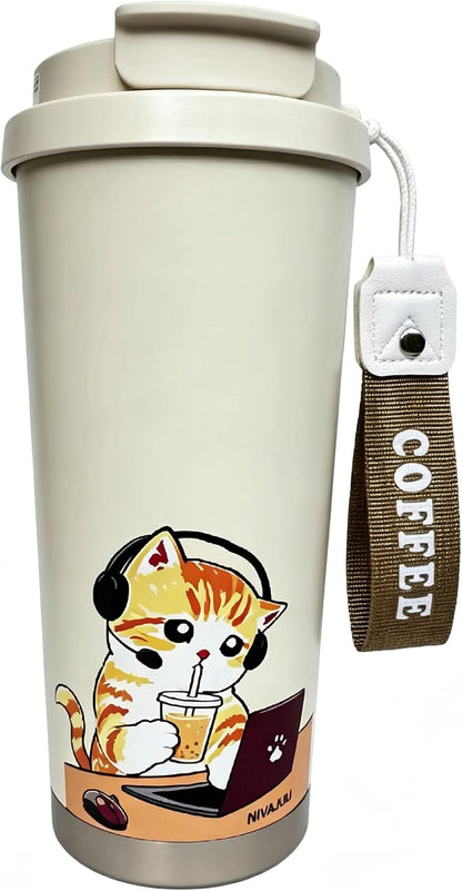 Insulated Coffee Mug with Ceramic Coating, 16oz Iced Coffee Tumbler Cup with Flip Lid and Handle, Double Wall Vacuum Leak-Proof Travel Mug for Office School Party Camping