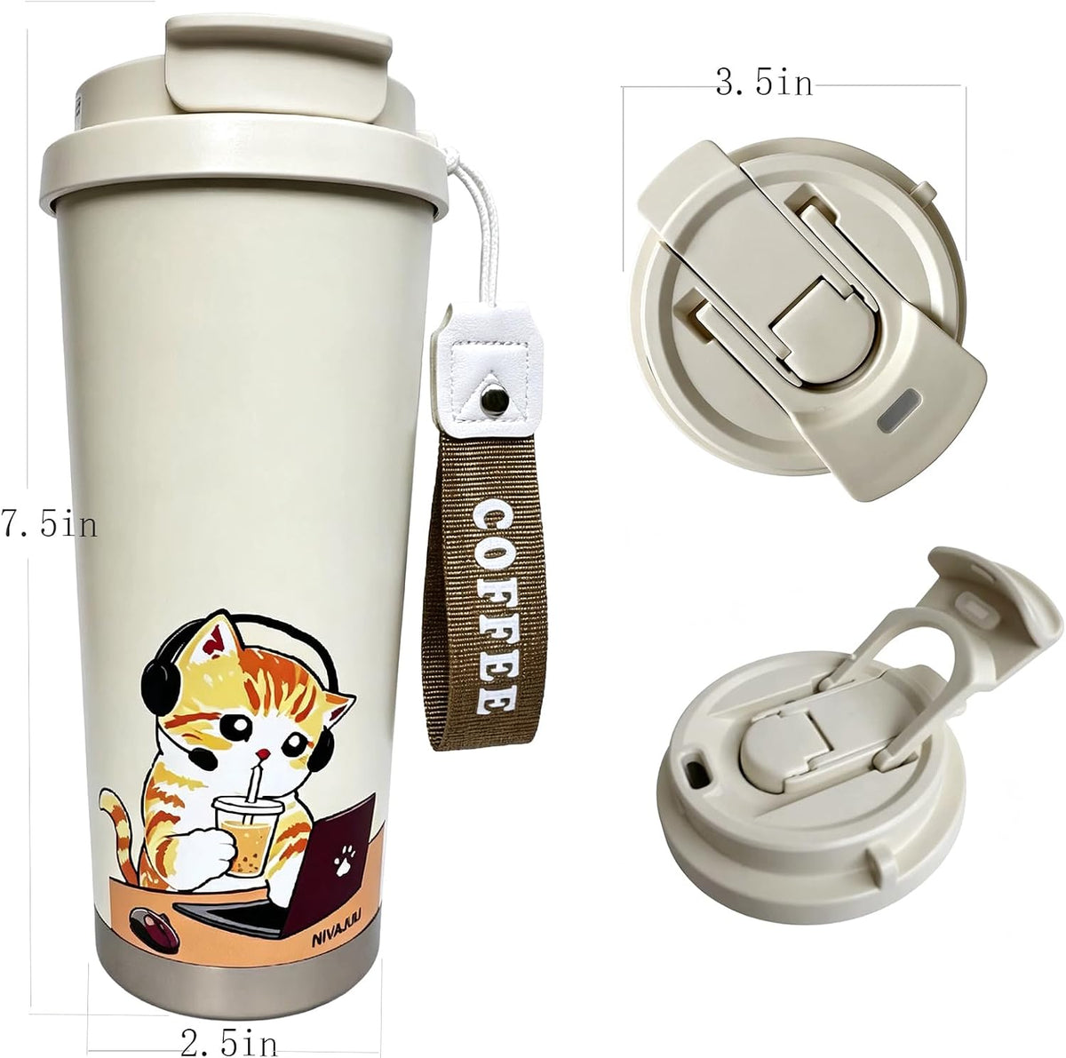 Insulated Coffee Mug with Ceramic Coating, 16oz Iced Coffee Tumbler Cup with Flip Lid and Handle, Double Wall Vacuum Leak-Proof Travel Mug for Office School Party Camping