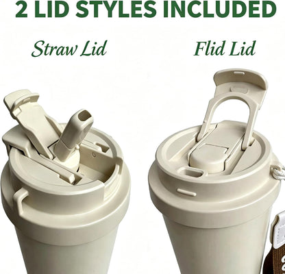 Insulated Coffee Mug with Ceramic Coating, 16oz Iced Coffee Tumbler Cup with Flip Lid and Handle, Double Wall Vacuum Leak-Proof Travel Mug for Office School Party Camping