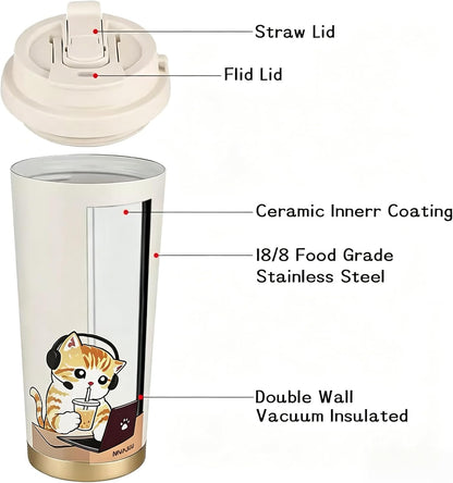 Insulated Coffee Mug with Ceramic Coating, 16oz Iced Coffee Tumbler Cup with Flip Lid and Handle, Double Wall Vacuum Leak-Proof Travel Mug for Office School Party Camping