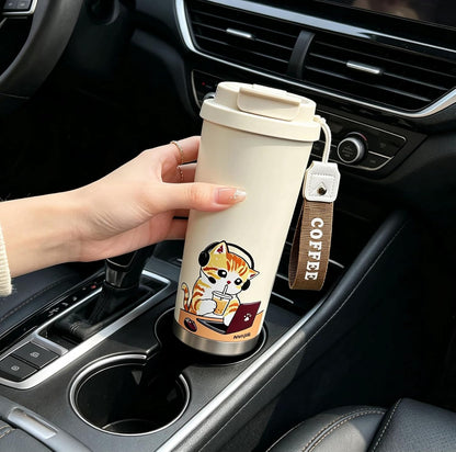 Insulated Coffee Mug with Ceramic Coating, 16oz Iced Coffee Tumbler Cup with Flip Lid and Handle, Double Wall Vacuum Leak-Proof Travel Mug for Office School Party Camping