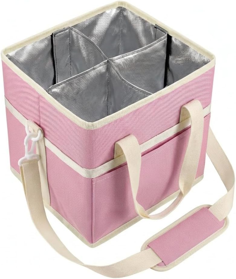 Family Size 4 Compartment Drink Bag with Removable Hard Base | Triple-Layer Oxford Insulated Drink Carrier Bag,7.87x7.87x7.87 Inch,Fits 4 Cups for Travel and Delivery(Pink)
