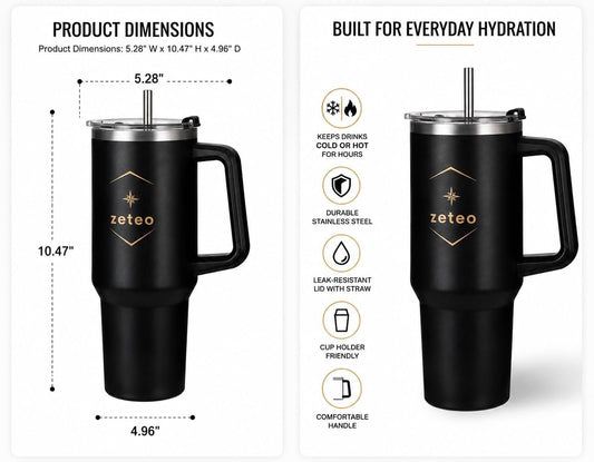 40 oz Insulated Tumbler with Handle and Straw — Stainless Steel Travel Mug for Long Shifts, Gym, Commute & Everyday Use — Vacuum Insulated, Leakproof Lid, BPA-Free, Cup Holder Friendly