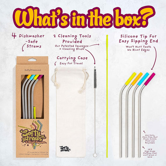 Premium Reusable Stainless Steel Drinking Straws With Silicone Tips + Patented Straw Cleaners and Carrying Case - 9” Long Metal With Curved Bend for 20/30/32oz Tumblers