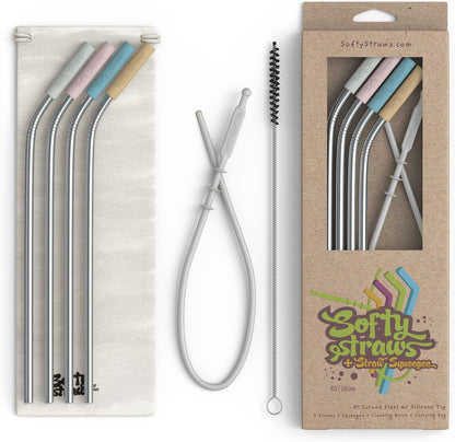 Premium Reusable Stainless Steel Drinking Straws With Silicone Tips + Patented Straw Cleaners and Carrying Case - 9” Long Metal With Curved Bend for 20/30/32oz Tumblers