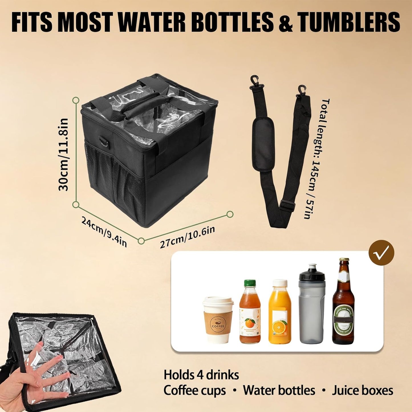 Reusable 4 Cup Insulated Drink Carrier Bag, Portable Coffee Cup Holder with Adjustable Shoulder Strap & Foldable Design, Water Bottle Caddy with Adjustable Dividers for Beverage, Travel & Delivery