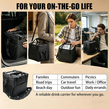 Reusable 4 Cup Insulated Drink Carrier Bag, Portable Coffee Cup Holder with Adjustable Shoulder Strap & Foldable Design, Water Bottle Caddy with Adjustable Dividers for Beverage, Travel & Delivery