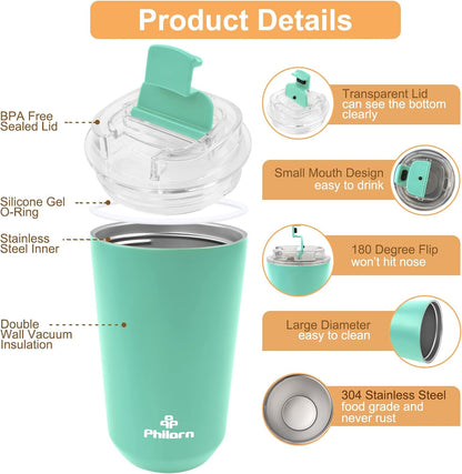 Pink Coffee Tumbler - 12 OZ Insulated Coffee Mug With Lid | Leak Proof Thermo Cup for Hot and Iced Drinks, Stainless Steel Vacuum Pink Cup with Double Wall
