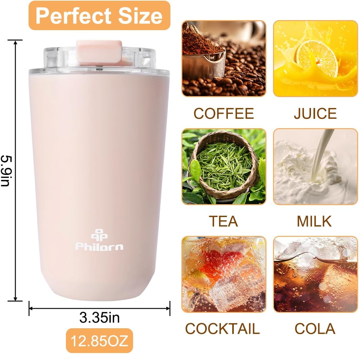 Pink Coffee Tumbler - 12 OZ Insulated Coffee Mug With Lid | Leak Proof Thermo Cup for Hot and Iced Drinks, Stainless Steel Vacuum Pink Cup with Double Wall