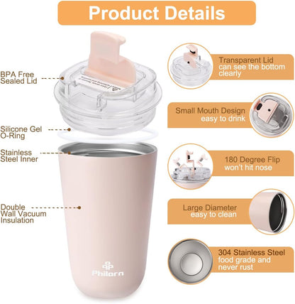 Pink Coffee Tumbler - 12 OZ Insulated Coffee Mug With Lid | Leak Proof Thermo Cup for Hot and Iced Drinks, Stainless Steel Vacuum Pink Cup with Double Wall