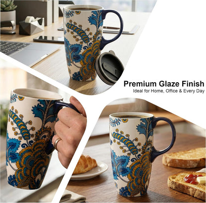 17oz Ceramic Travel Coffee Mug with Lid, Microwave Safe Tea Cup | Hand-Painted Botanical Leaf Design, Spill Proof, Microwave & Dishwasher Safe