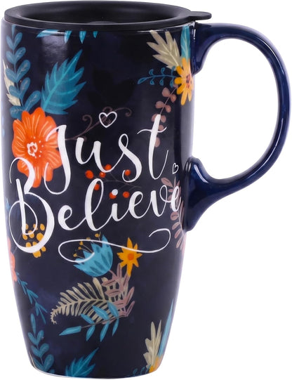 17oz Ceramic Travel Coffee Mug with Lid, Microwave Safe Tea Cup | Hand-Painted Botanical Leaf Design, Spill Proof, Microwave & Dishwasher Safe