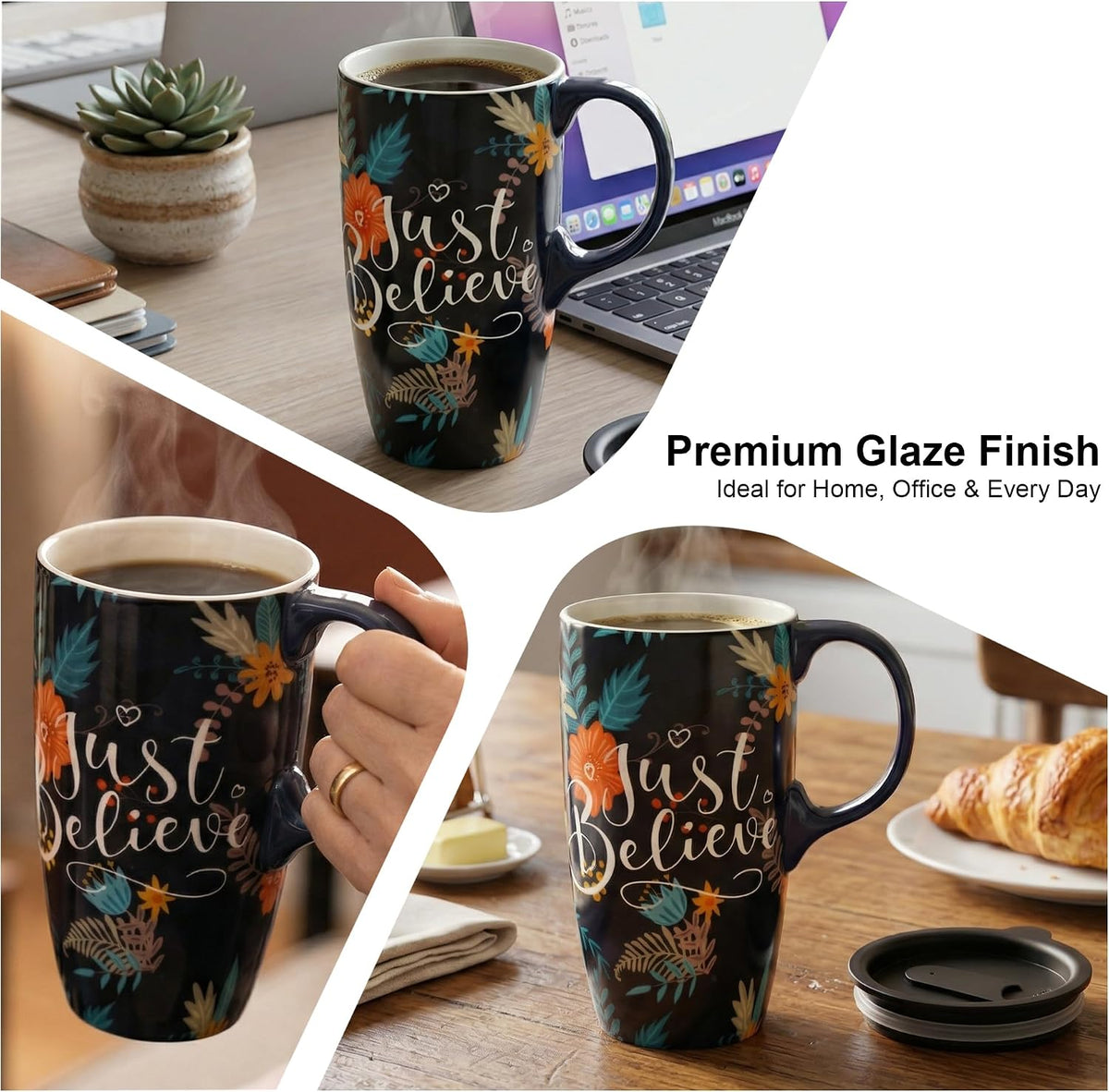 17oz Ceramic Travel Coffee Mug with Lid, Microwave Safe Tea Cup | Hand-Painted Botanical Leaf Design, Spill Proof, Microwave & Dishwasher Safe