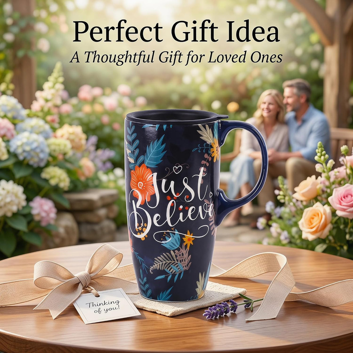 17oz Ceramic Travel Coffee Mug with Lid, Microwave Safe Tea Cup | Hand-Painted Botanical Leaf Design, Spill Proof, Microwave & Dishwasher Safe