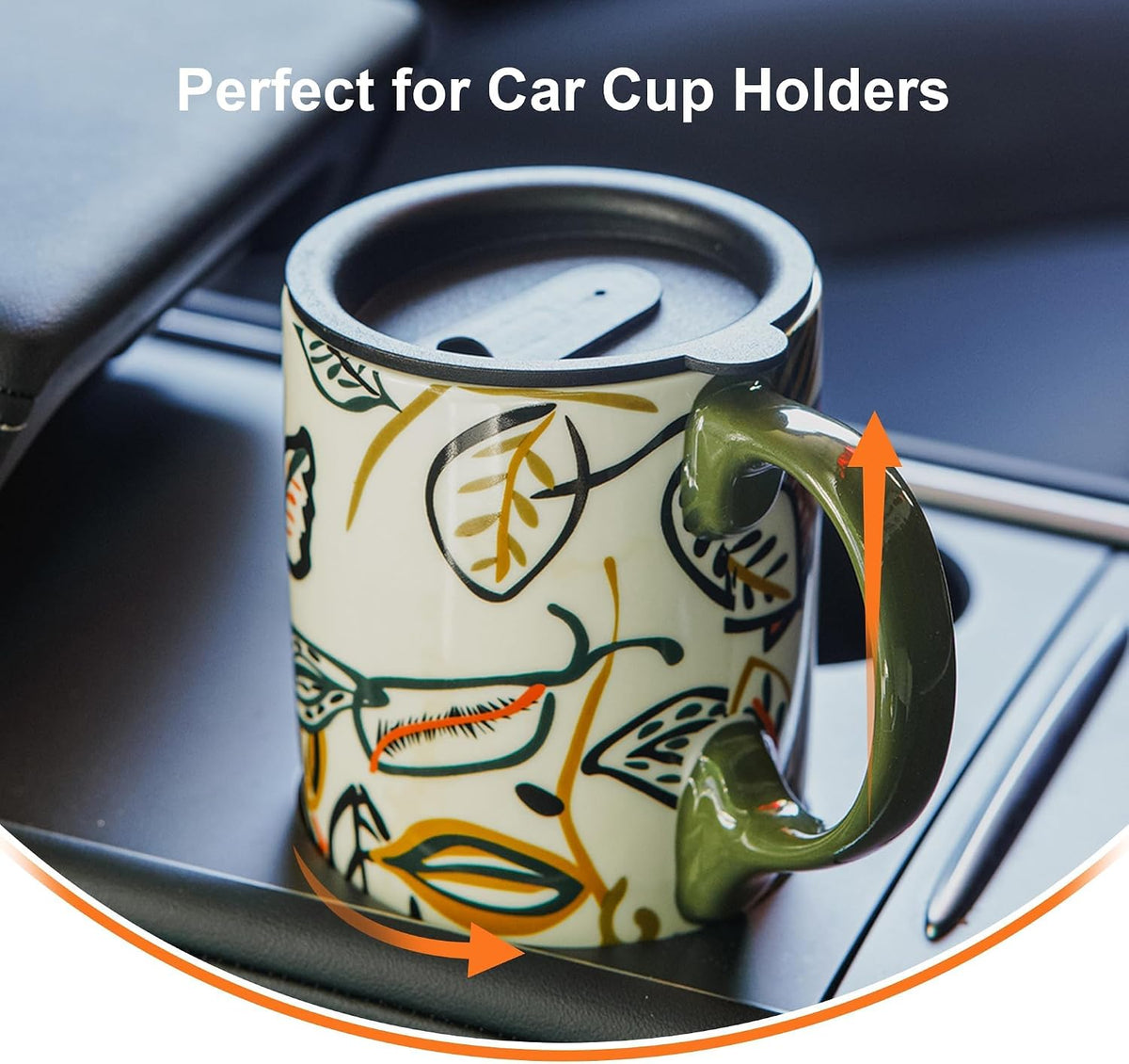 17oz Ceramic Travel Coffee Mug with Lid, Microwave Safe Tea Cup | Hand-Painted Botanical Leaf Design, Spill Proof, Microwave & Dishwasher Safe