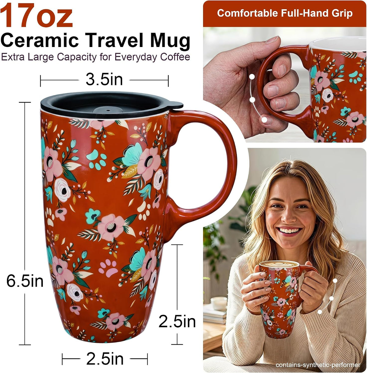 17oz Ceramic Travel Coffee Mug with Lid, Microwave Safe Tea Cup | Hand-Painted Botanical Leaf Design, Spill Proof, Microwave & Dishwasher Safe