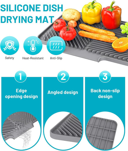 Dish Drying Mat Kitchen Counter - Silicone Dish Drying Pad with Built-in Drain for Sink, Refrigerator and Drawer Liner, Easy Clean, Non-Slip, Heat Resistant, 14.8" x 10.7"