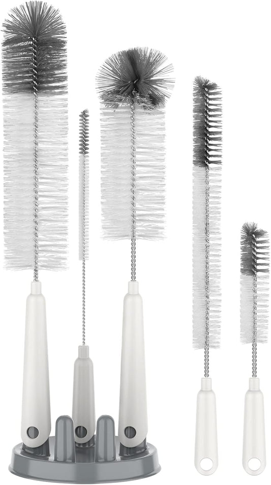 5 Pack Bottle Brush Cleaning Set with Storage Holder, White