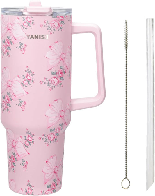 39 oz Stainless Steel Car Cup, Mug with Straw, Large Capacity Insulated Tumbler with Handle, Double-Wall Vacuum Thermal Cupwith Leak-Proof Lid, Perfect Use for Camping, Car, Office (Pink)